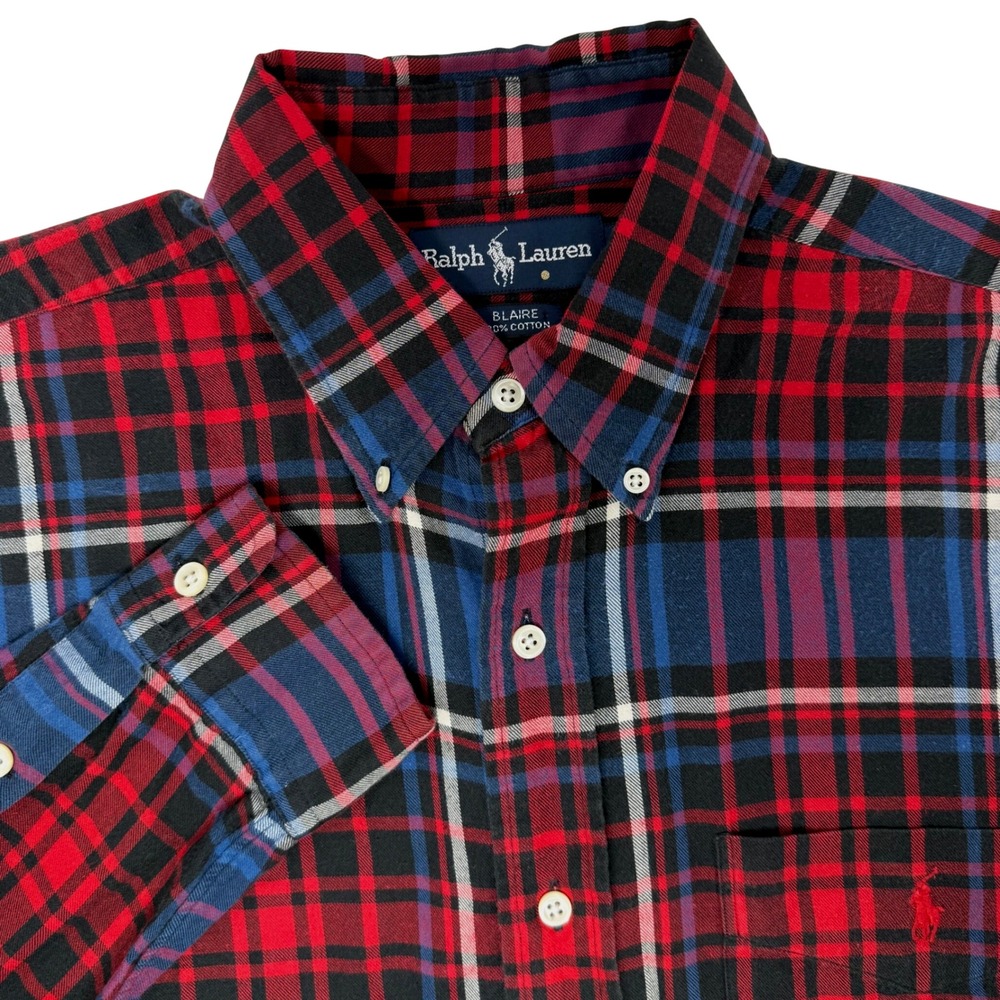 Ralph Lauren Blaire Mens Medium Red Blue Plaid Flannel Button Down‎ Shirt